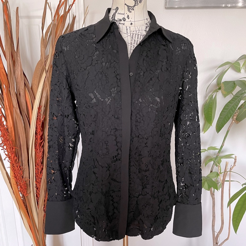 NWOT Ralph Lauren Lace Floral Button down shirt work coastal blouse Flare cotton